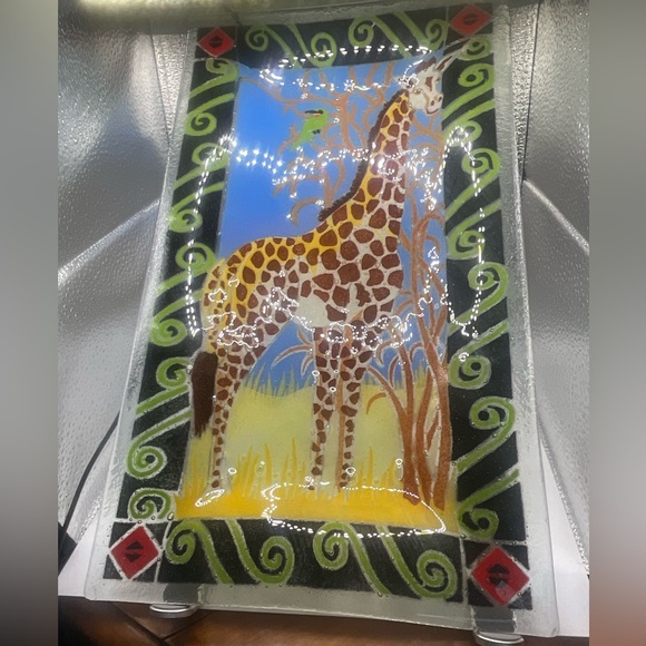 Peggy Karr Glass 17”x9” Rectangle Giraffe Design Serving Platter Handmade - Picture 3 of 6